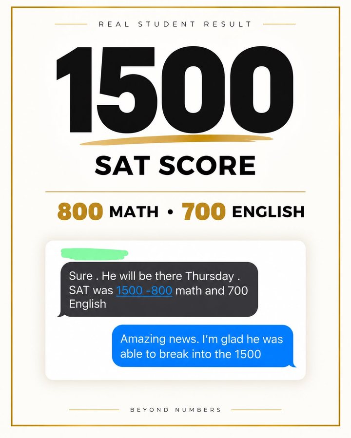 1500 SAT score: 800 Math, 700 English